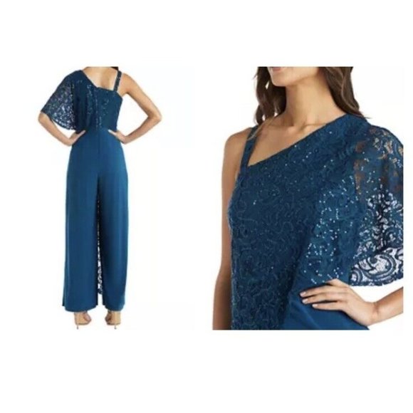 R & M Richards Embellished Sequin Lace Caplet Jumpsuit with Straps Size 14 - Picture 2 of 2